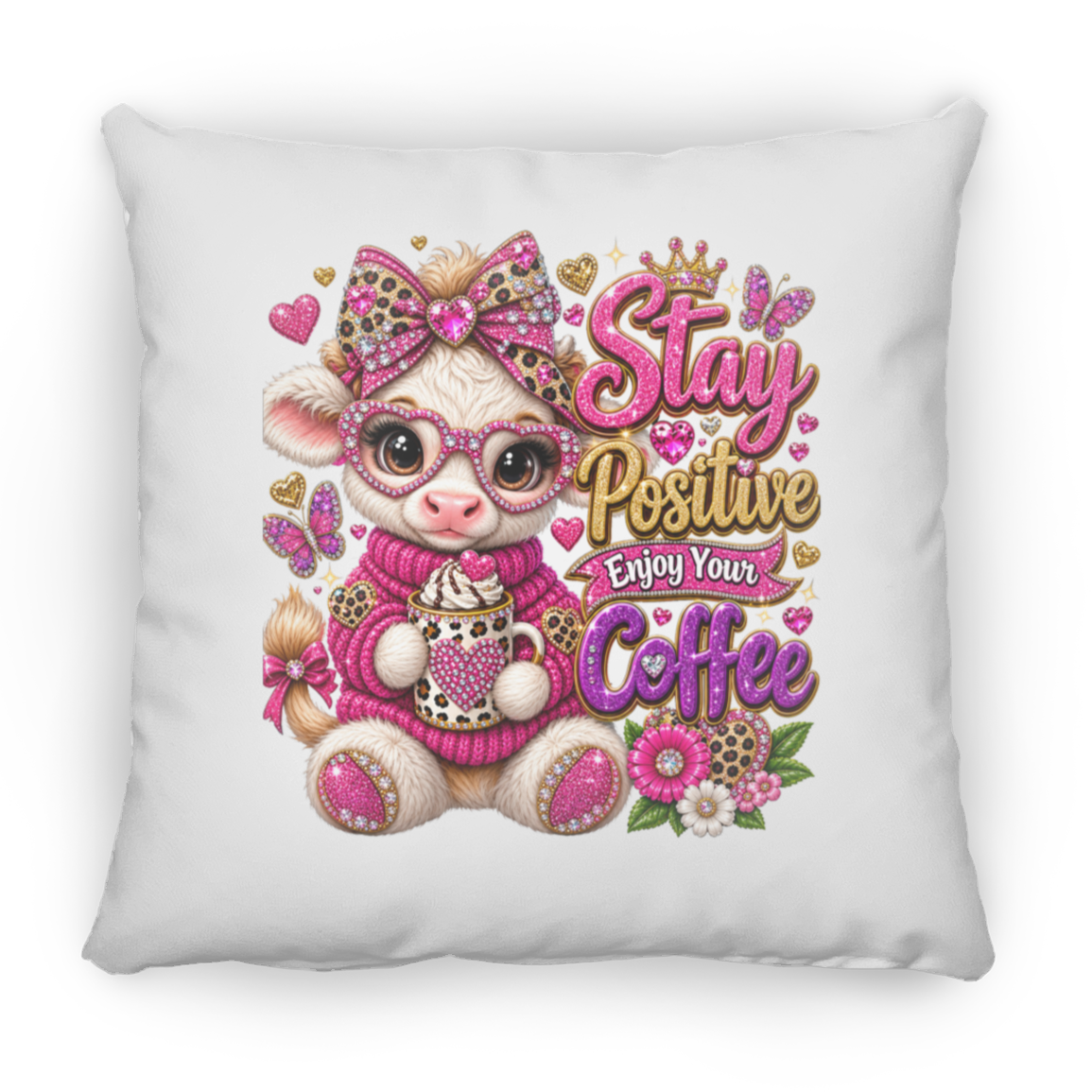 A square white throw pillow featuring a colorful graphic print of a cute cartoon cow wearing pink leopard-print glasses, a pink bow, and a pink sweater while holding a coffee mug. The text reads 'Stay Positive Enjoy Your Coffee' in pink and gold glittery lettering, surrounded by pink hearts, butterflies, and flowers.
