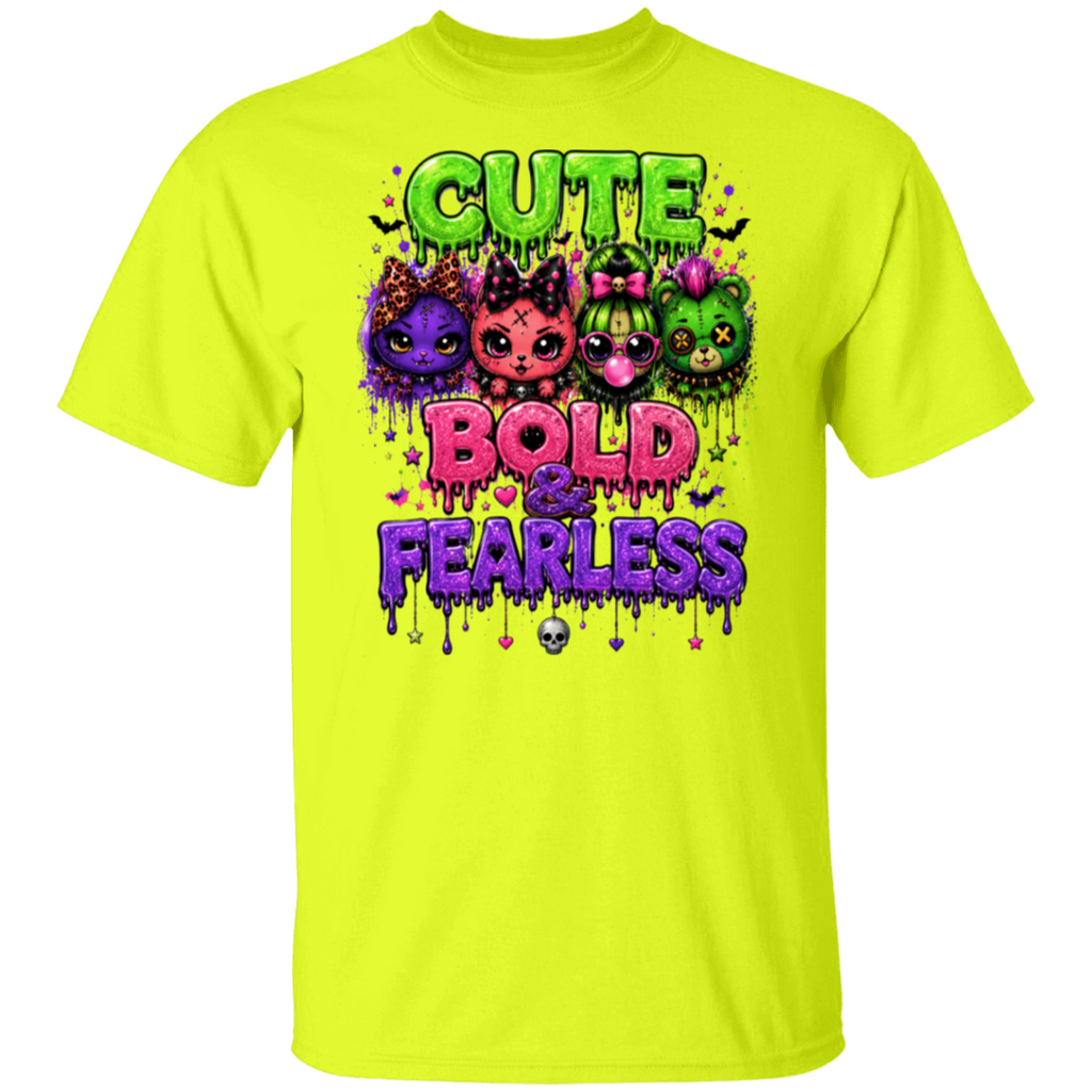 A safety green short-sleeve t-shirt with a colorful graphic print on the front featuring cartoon cats and the text 'CUTE BOLD & FEARLESS' in dripping neon colors.