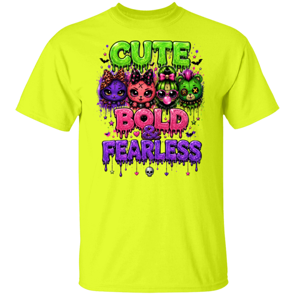 A safety green short-sleeve t-shirt with a colorful graphic print on the front featuring cartoon cats and the text 'CUTE BOLD & FEARLESS' in dripping neon colors.