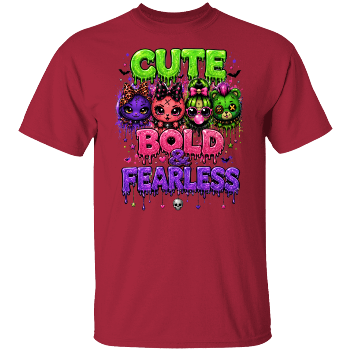 A cardinal short-sleeve crewneck t-shirt featuring a colorful graphic print on the front with the text 'CUTE BOLD & FEARLESS' and cartoon cat characters in neon colors.