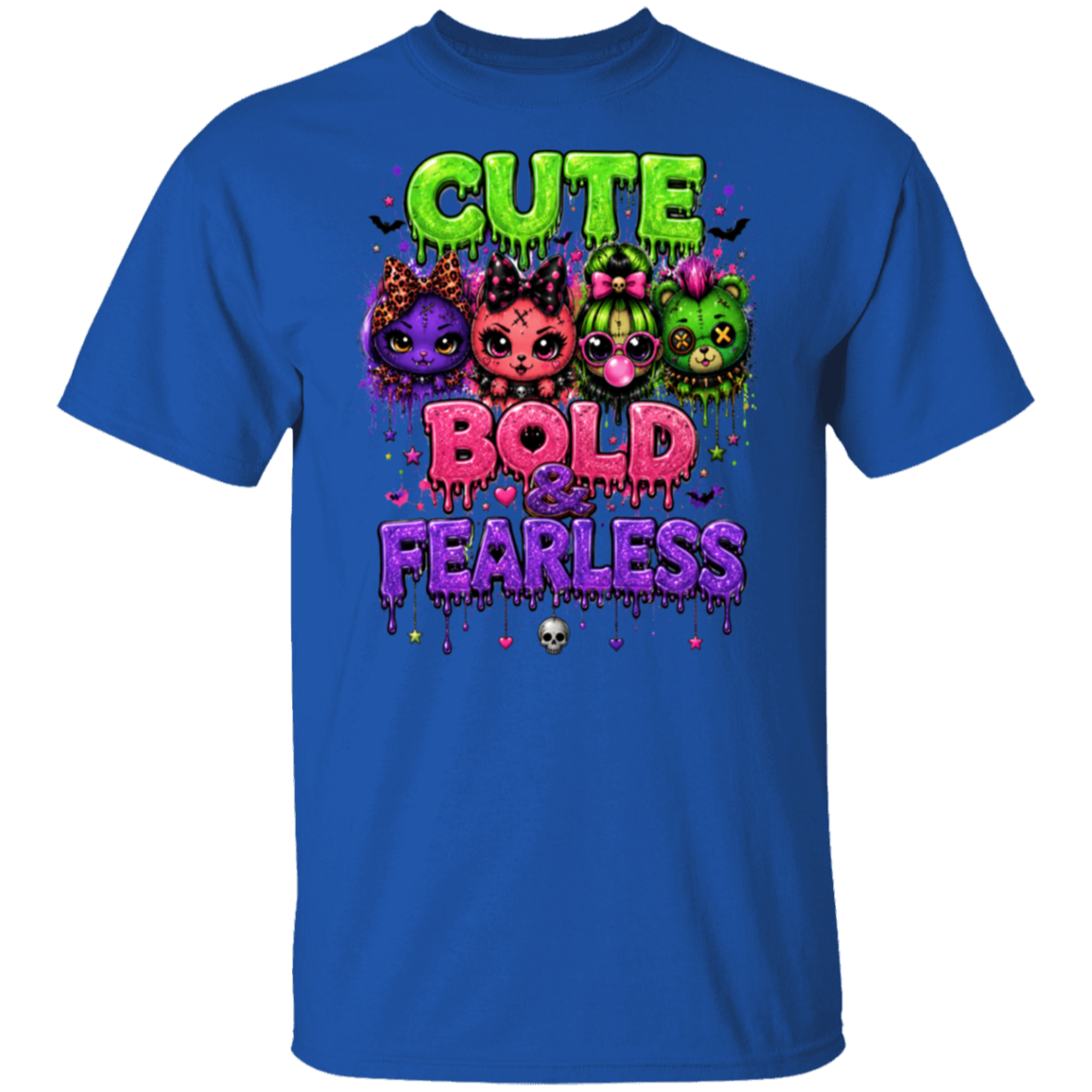A royal blue short-sleeve t-shirt with a colorful graphic on the chest featuring the text 'CUTE BOLD & FEARLESS' in dripping neon-style lettering above five cute cartoon monster faces.