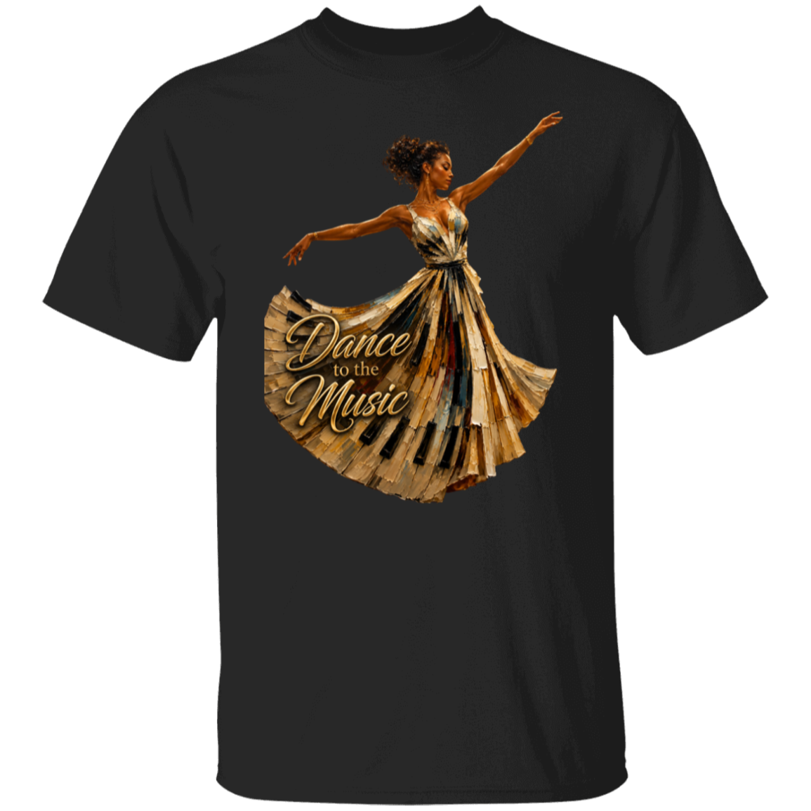 A black short-sleeve crewneck t-shirt featuring a graphic print of a woman in a gold dress dancing with the text 'Dance to the Music' on the front.