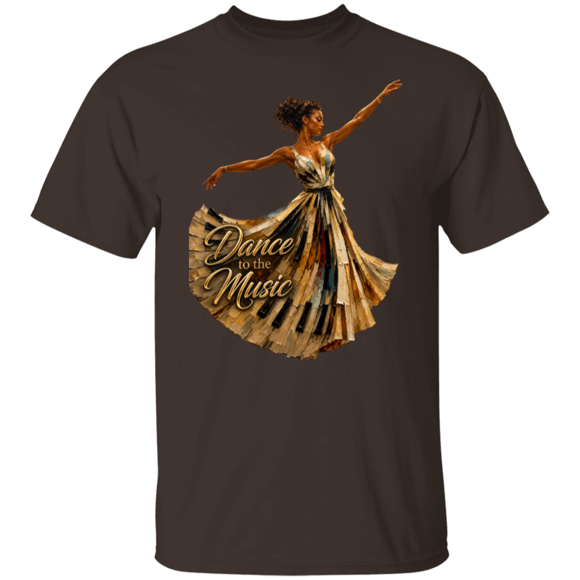 A dark chocolate -sleeve crewneck t-shirt featuring a graphic print of a female dancer in a gold dress with the text 'Dance to the Music' on the front, set against a plain white background.