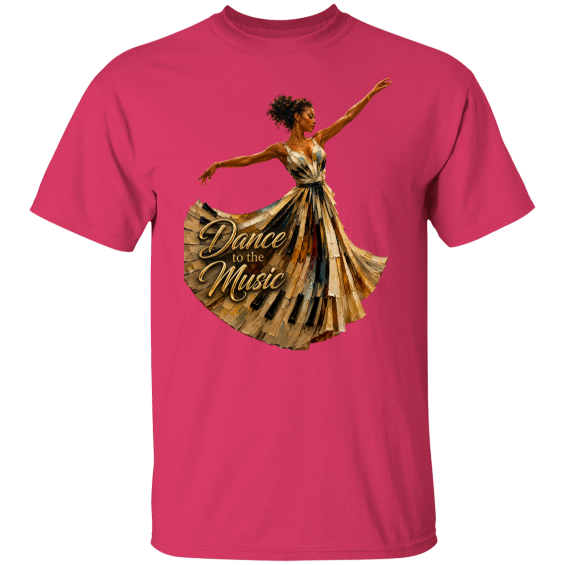 An heliconia  short-sleeve crewneck t-shirt featuring a graphic print of a female dancer in a gold dress with the text 'Dance to the Music' on the front.