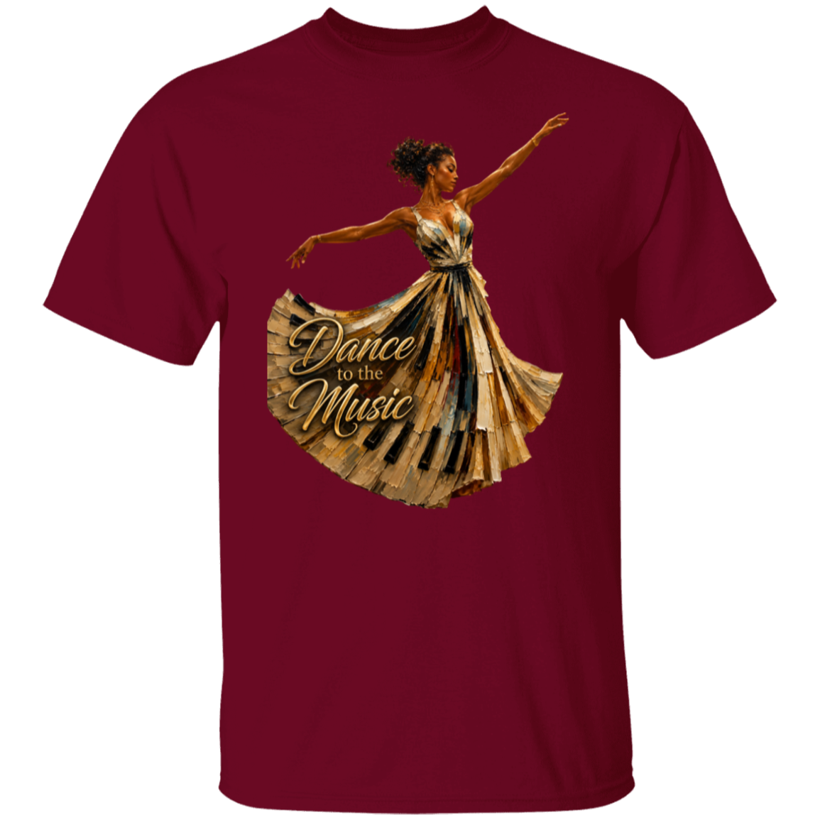 A garnet short-sleeve crewneck t-shirt featuring a graphic of a female dancer in a gold and black dress with the text 'Dance to the Music' printed on the front.
