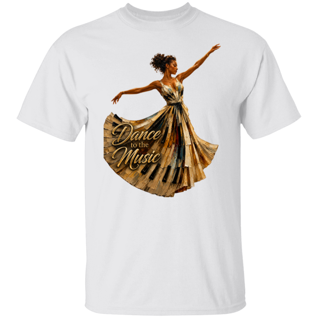 A white short-sleeve crewneck t-shirt featuring a graphic print of a female dancer in a flowing gold and brown dress with the text 'Dance to the Music' on the front.