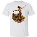 A white short-sleeve crewneck t-shirt featuring a graphic print of a female dancer in a flowing gold and brown dress with the text 'Dance to the Music' on the front.