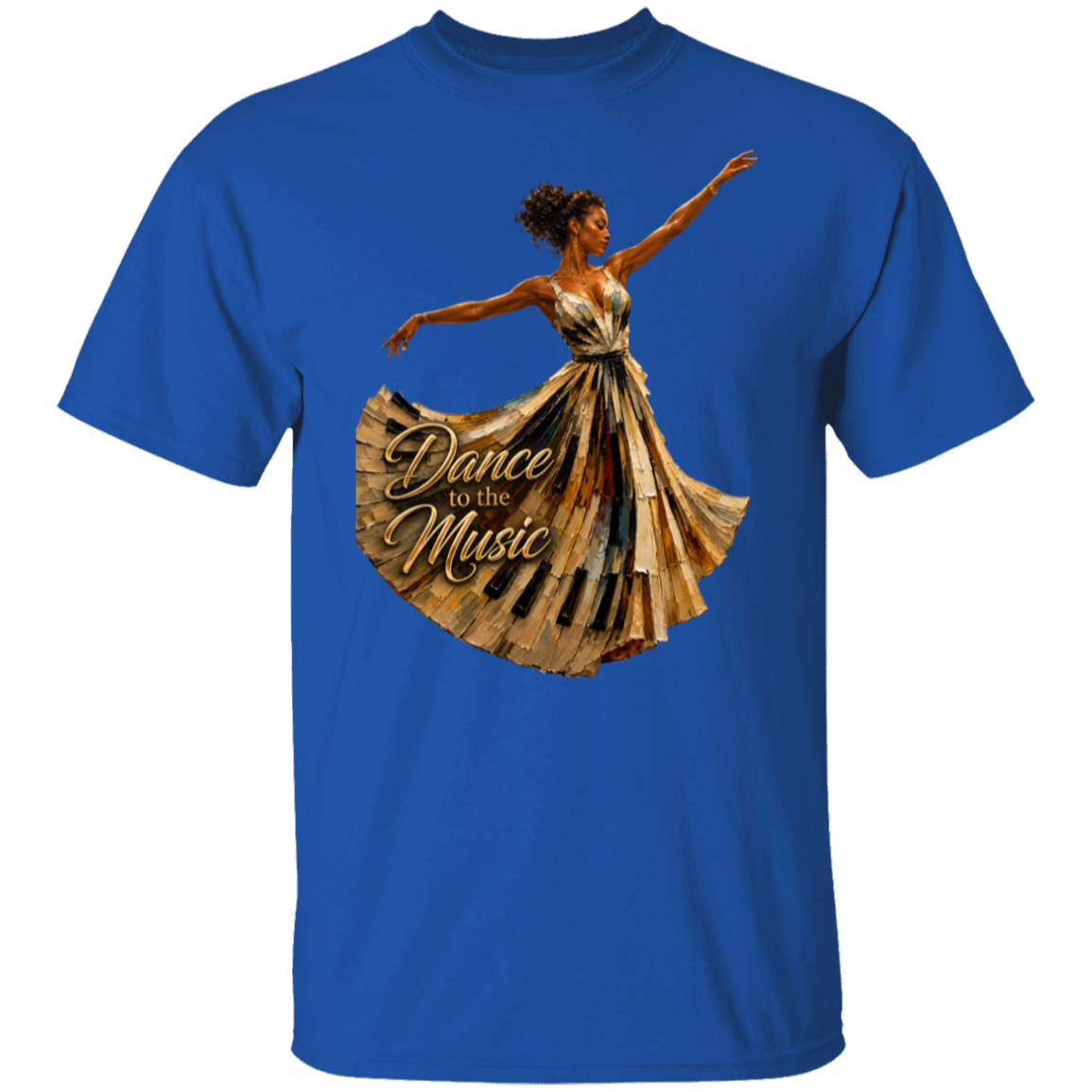 A royal blue short-sleeve crewneck t-shirt featuring a graphic print of a female dancer in a gold dress with the text 'Dance to the Music' on the front, set against a plain white background.