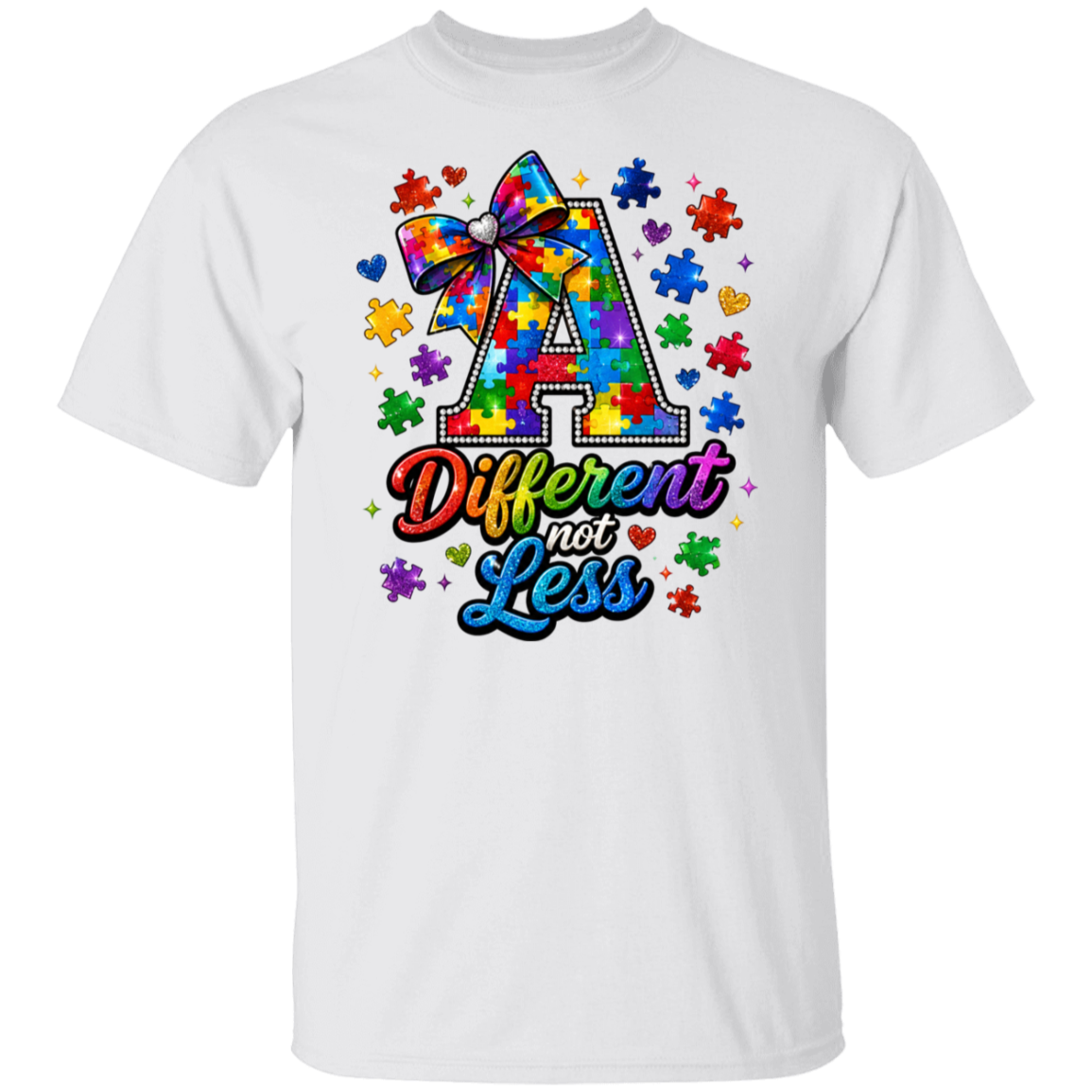 A white short-sleeve crewneck t-shirt featuring a colorful graphic on the front. The graphic displays a large letter 'A' decorated with a rainbow tie-dye bow, surrounded by puzzle pieces and hearts, with the text 'Different not Less' written below in a multicolored script.