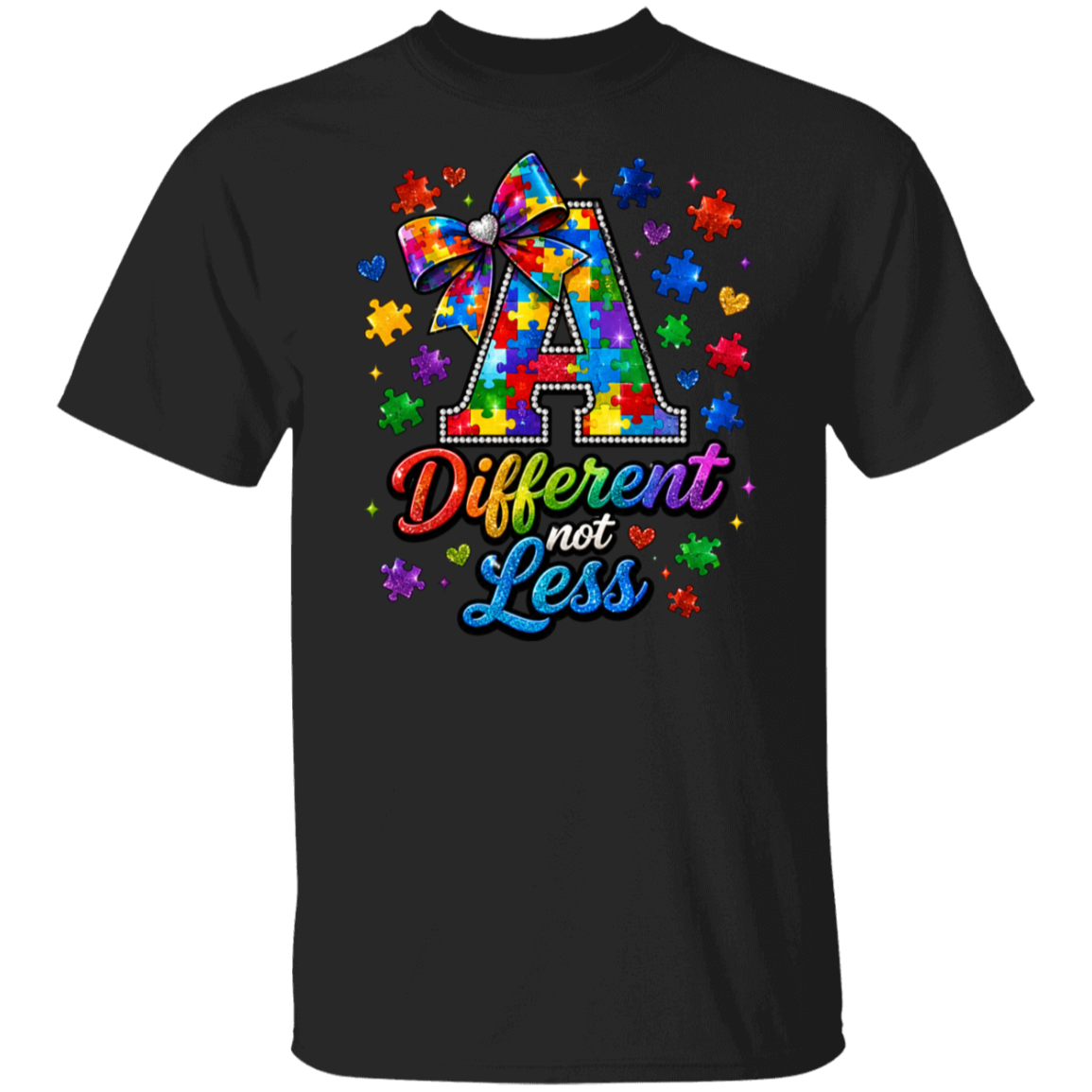A black short-sleeve crewneck t-shirt featuring a colorful graphic on the chest. The graphic displays a large letter 'A' filled with a rainbow tie-dye puzzle pattern and a matching bow, surrounded by puzzle pieces and hearts, with the text 'Different not Less' written below in a rainbow gradient.