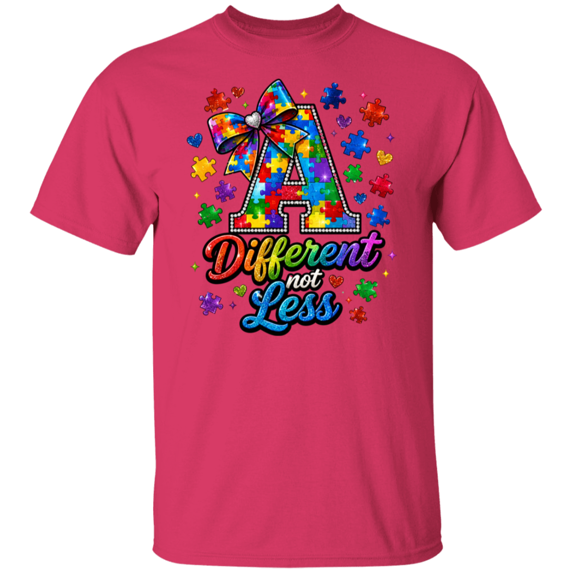 An heliconia color short-sleeve t-shirt with a colorful graphic on the chest. The graphic features a large letter 'A' filled with a rainbow puzzle pattern and a matching bow, surrounded by small puzzle pieces and hearts, with the text 'Different not Less' written below in a rainbow gradient font.
