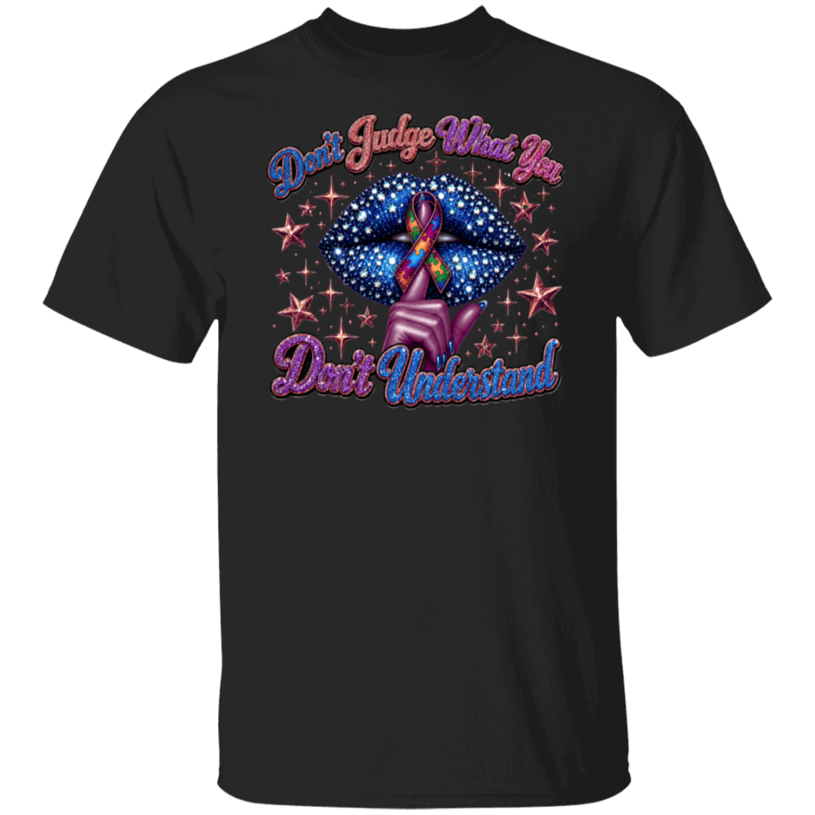 A black short-sleeve crewneck t-shirt featuring a graphic design on the front. The design shows a hand holding a blue starry umbrella with a purple and pink awareness ribbon, surrounded by pink stars, with the text 'Don't Judge What You Don't Understand' in a purple and blue gradient font.