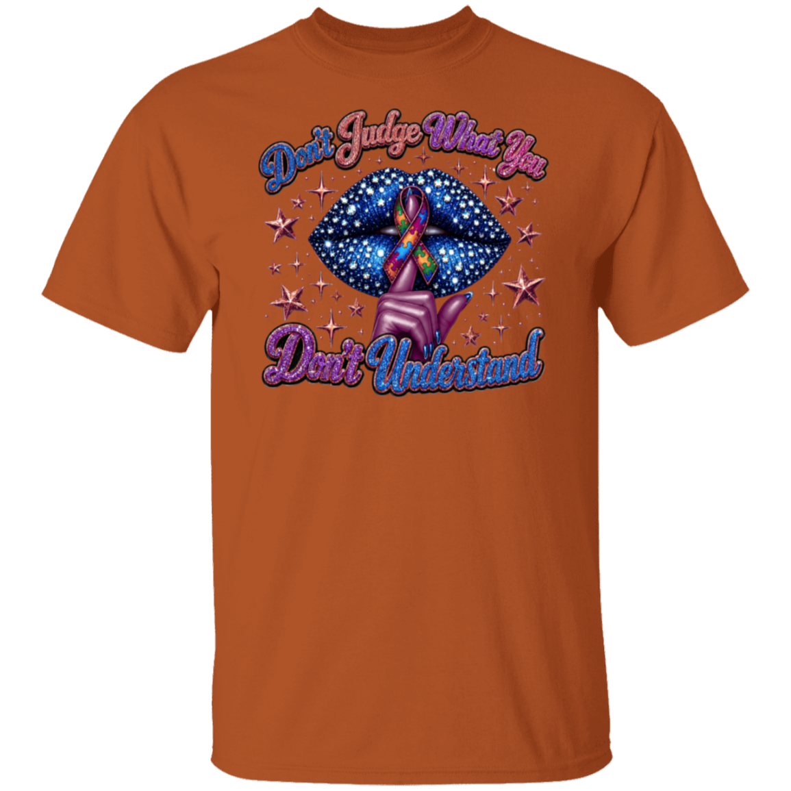 A Texas orange crewneck t-shirt featuring a graphic design on the front. The design shows a blue starry lips motif with a purple and rainbow awareness ribbon, surrounded by pink stars, with the text 'Don't Judge What You Don't Understand' in a purple and blue gradient font.