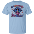 A light blue short-sleeve crewneck t-shirt featuring a graphic design on the front. The graphic shows a pink hand holding a blue starry lips-shaped object with a rainbow awareness ribbon inside, surrounded by red stars, with the text 'Don't Judge What You Don't Understand!' in pink and purple cursive.