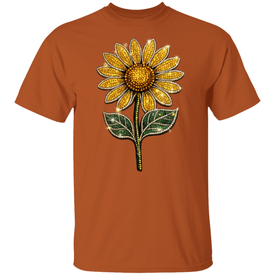 A Texas orange short-sleeve t-shirt featuring a large, detailed sunflower graphic on the chest. The sunflower is embellished with gold glitter-like petals, a yellow center, and green leaves with white dotted outlines, set against a plain white background.