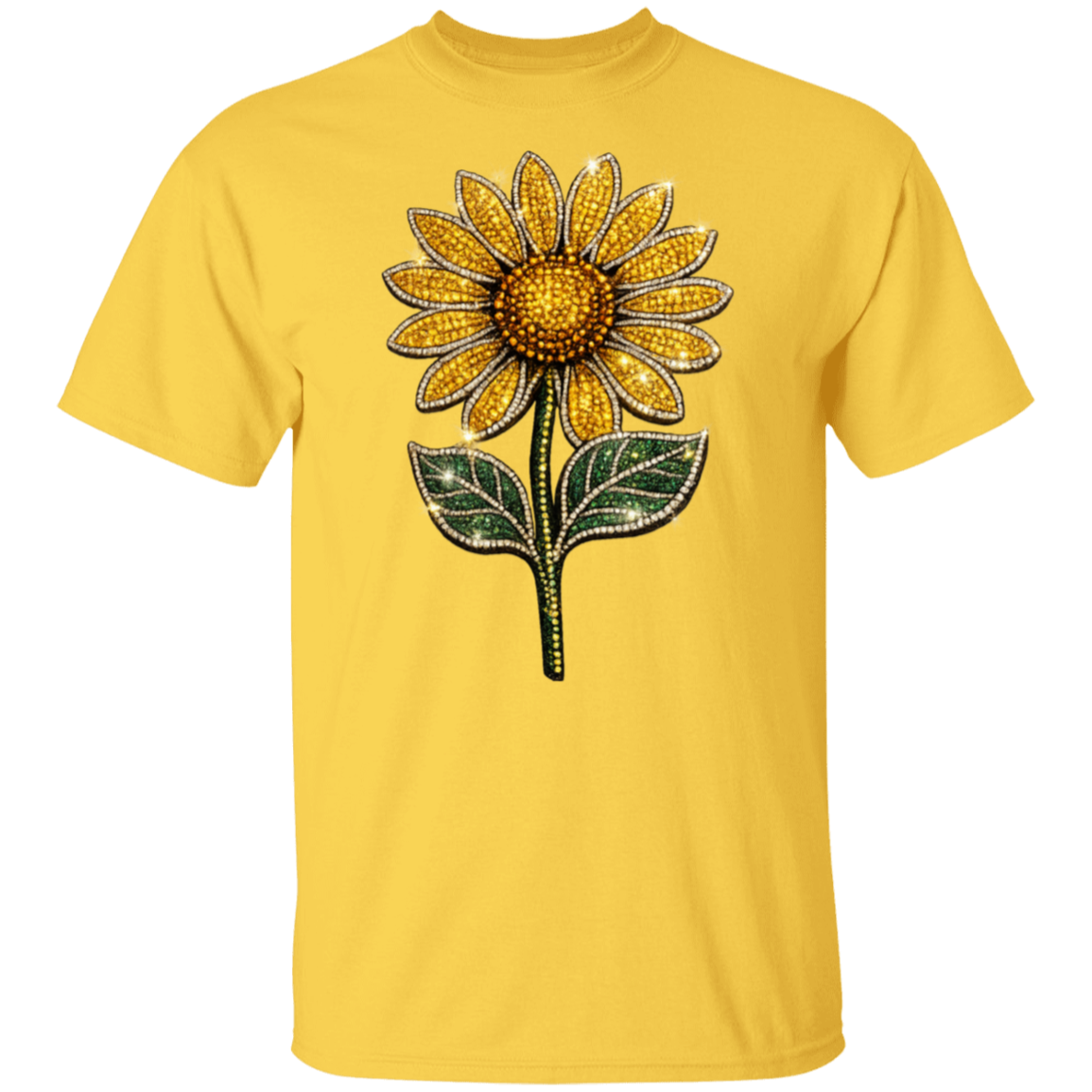 A daisy short-sleeve crewneck t-shirt featuring a large, detailed sunflower graphic on the front, set against a plain white background.