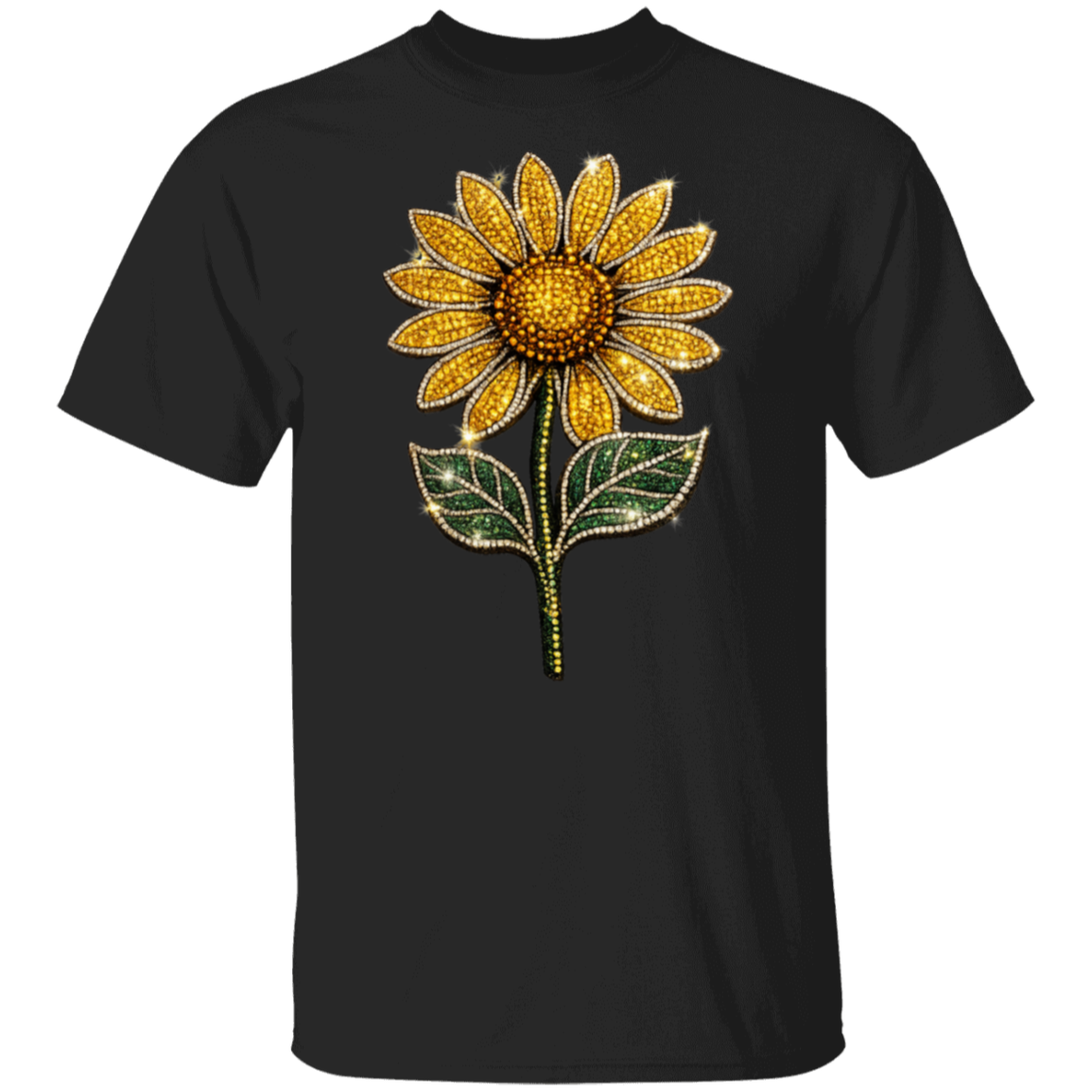 A black short-sleeve crewneck t-shirt featuring a large, detailed sunflower graphic on the front. The sunflower is embellished with gold rhinestones for the petals and center, and green rhinestones for the leaves and stem, set against a plain white background.