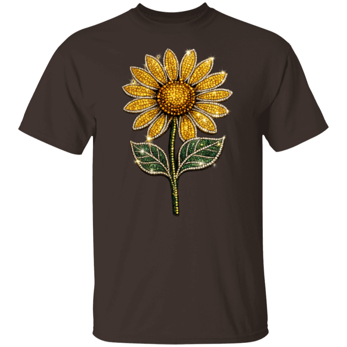 A dark chocolate short-sleeve t-shirt featuring a large, detailed sunflower graphic on the chest, embellished with gold and green rhinestones, set against a plain white background.