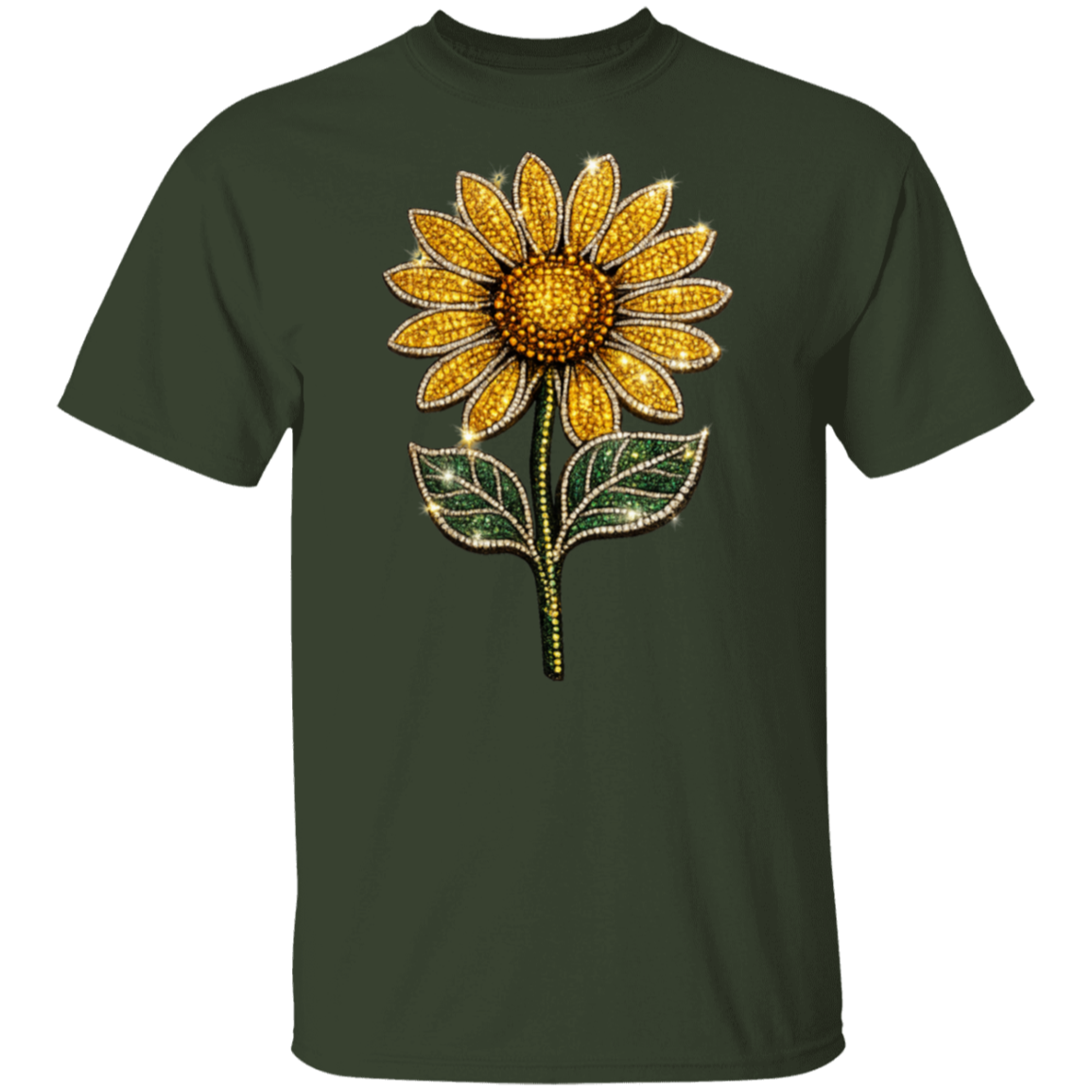 A forest short-sleeve t-shirt featuring a large, detailed sunflower graphic on the chest. The sunflower is embellished with sparkling gold rhinestones for the petals and center, with green rhinestone-embellished leaves and stem below it, set against a plain white background.