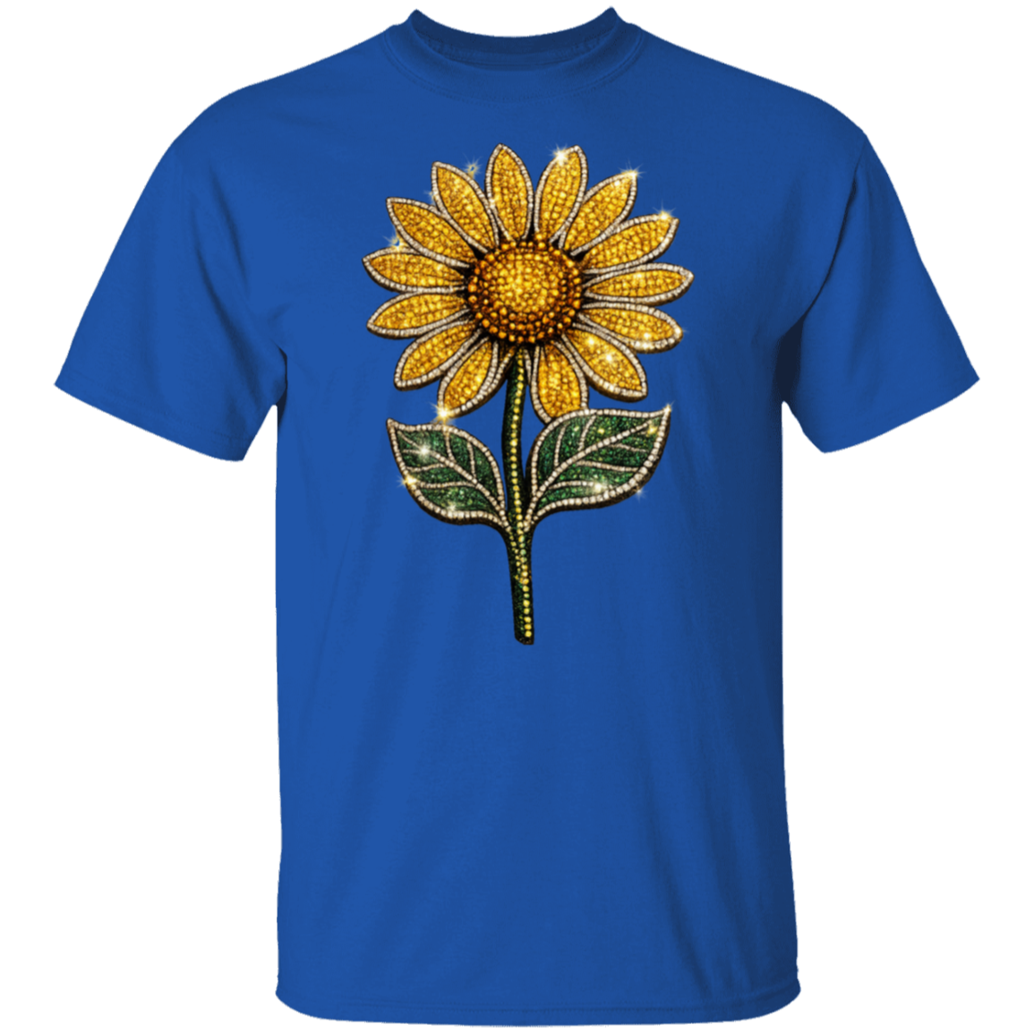 A royal blue short-sleeve crewneck t-shirt featuring a large, detailed sunflower graphic on the chest. The sunflower is embellished with gold rhinestones for the petals and center, and dark green rhinestones for the leaves and stem, set against a plain white background.
