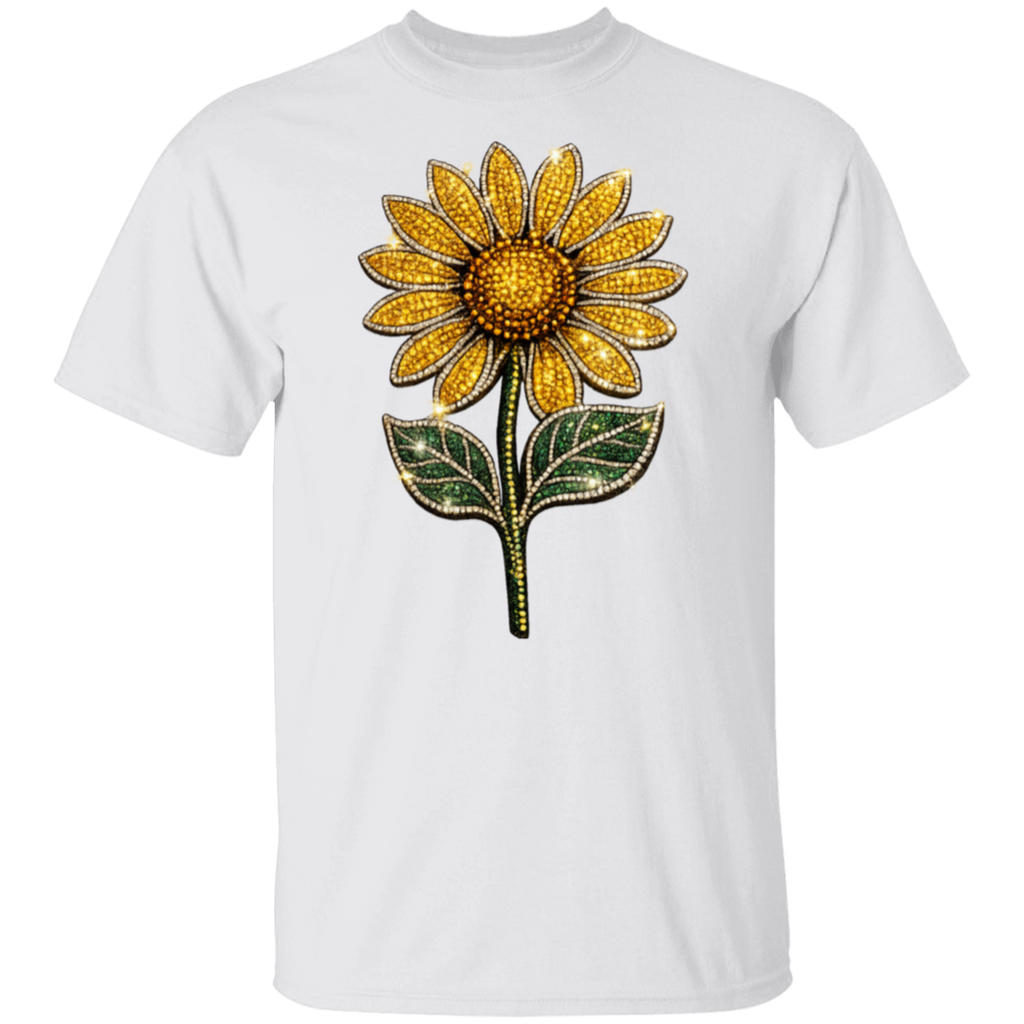 A white short-sleeve crewneck t-shirt featuring a large, detailed graphic of a sunflower on the chest. The sunflower is decorated with gold rhinestones for the petals and center, and green rhinestones for the leaves and stem.