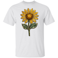 A white short-sleeve crewneck t-shirt featuring a large, detailed graphic of a sunflower on the chest. The sunflower is decorated with gold rhinestones for the petals and center, and green rhinestones for the leaves and stem.