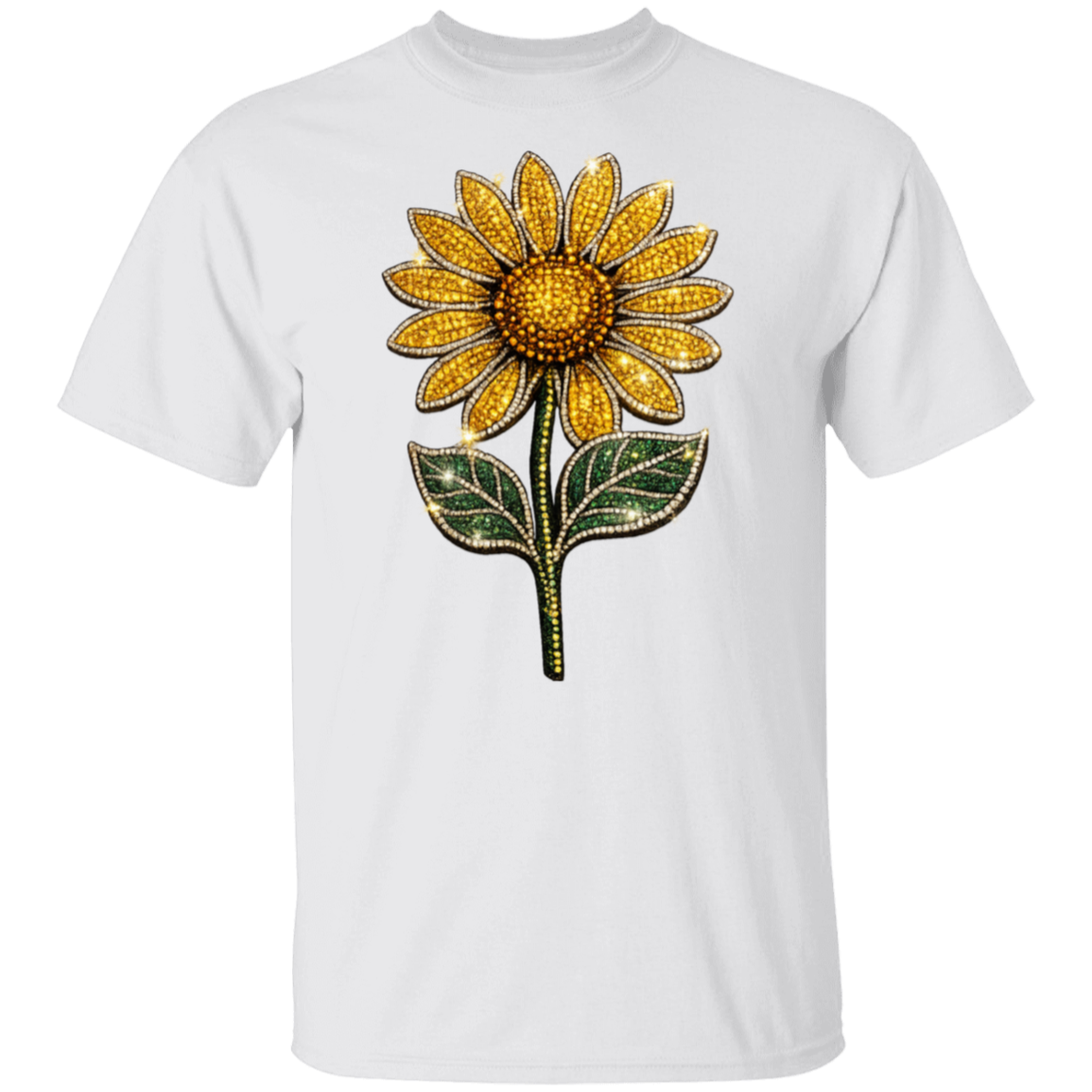 A white short-sleeve crewneck t-shirt featuring a large, detailed graphic of a sunflower on the chest. The sunflower is decorated with gold rhinestones for the petals and center, and green rhinestones for the leaves and stem.