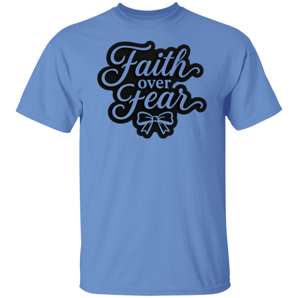 A Carolina blue color short-sleeve crewneck t-shirt featuring a black graphic on the chest that reads 'Faith over Fear' in a stylized cursive font, with a bow illustration underneath.