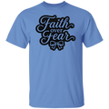 A Carolina blue color short-sleeve crewneck t-shirt featuring a black graphic on the chest that reads 'Faith over Fear' in a stylized cursive font, with a bow illustration underneath.