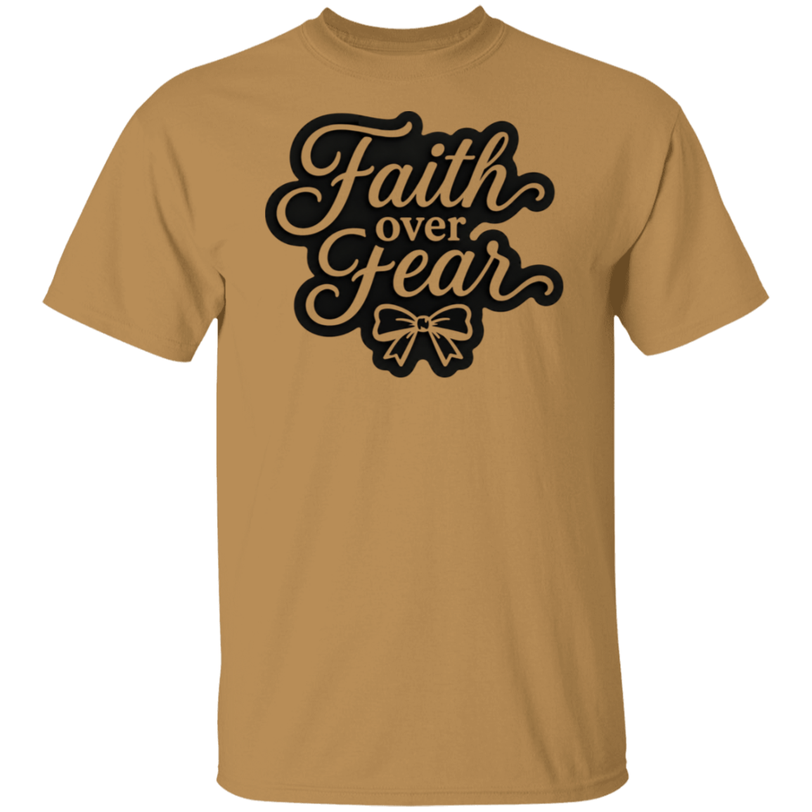 An old gold color short-sleeve crewneck t-shirt featuring a black graphic on the chest that reads 'Faith over Fear' in a stylized cursive font, with a bow illustration underneath.