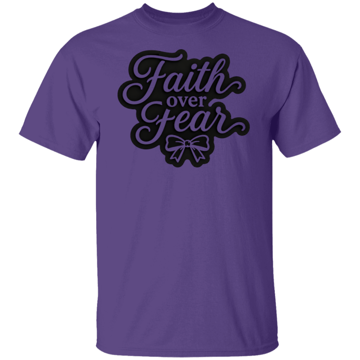 A purple color short-sleeve crewneck t-shirt featuring a black graphic on the chest that reads 'Faith over Fear' in a stylized cursive font, with a bow illustration underneath.