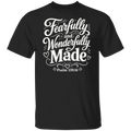 A black short-sleeve crewneck t-shirt with a white graphic print on the front reading 'Fearfully and Wonderfully Made Psalm 139:14' in a decorative script font, shown against a plain white background.