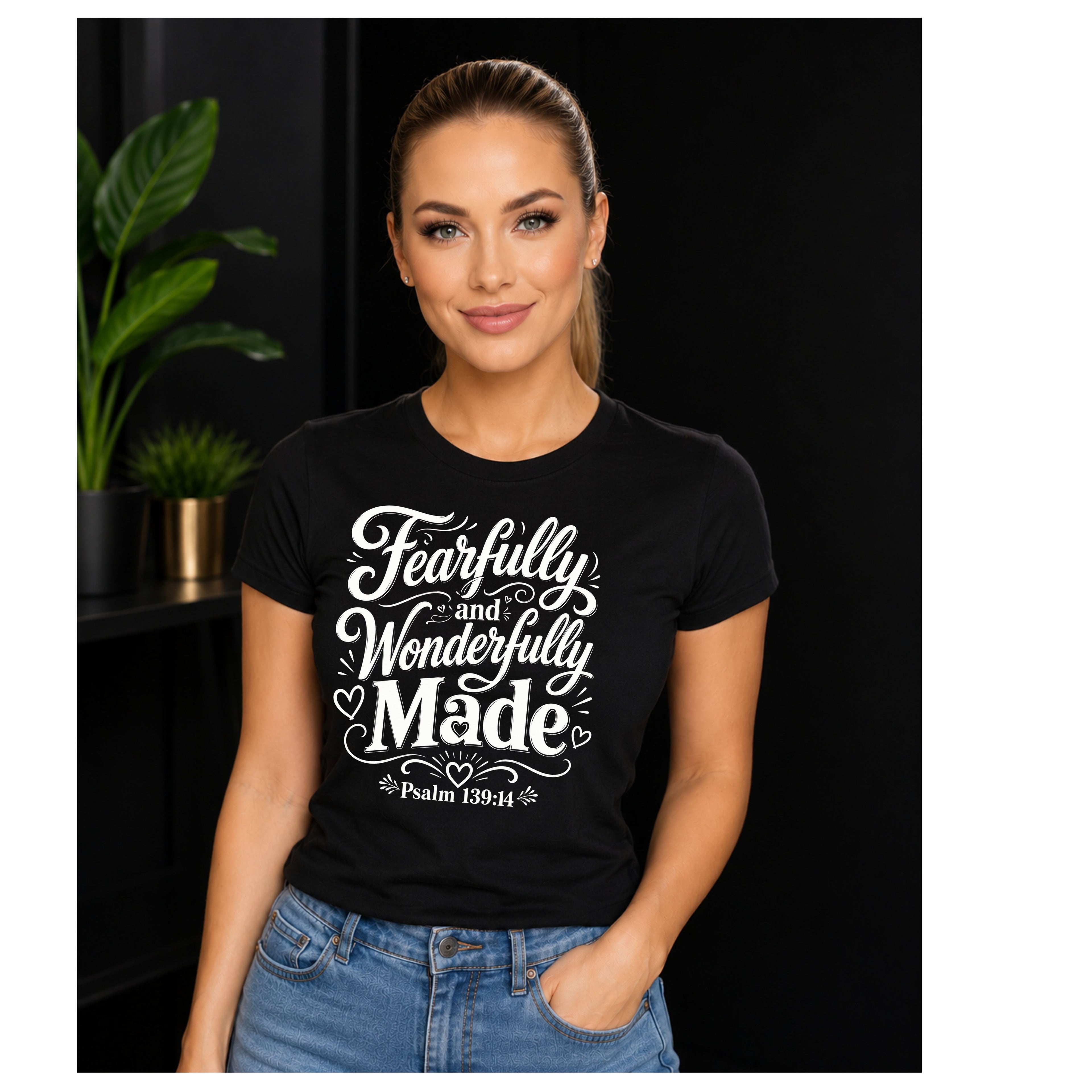 A woman wearing a black short-sleeve graphic T-shirt with the phrase 'Fearfully and Wonderfully Made' and 'Psalm 129:14' printed in white script, paired with blue jeans, set against a dark indoor background with a plant.