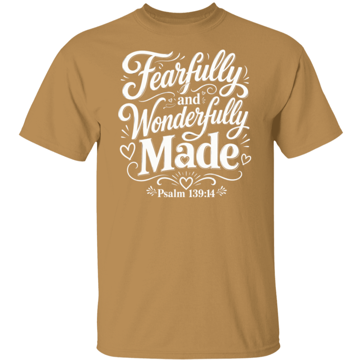 An old gold color crewneck t-shirt with a white graphic print on the front reading 'Fearfully and Wonderfully Made Psalm 139:14' in a decorative script font.