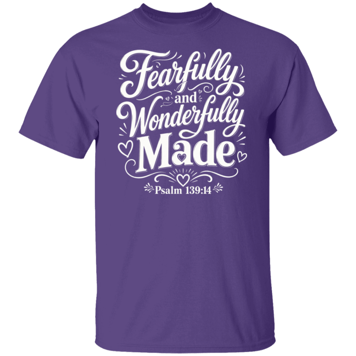 A purple color short-sleeve crewneck t-shirt with a white graphic print on the front reading 'Fearfully and Wonderfully Made Psalm 139:14' in a decorative script font.