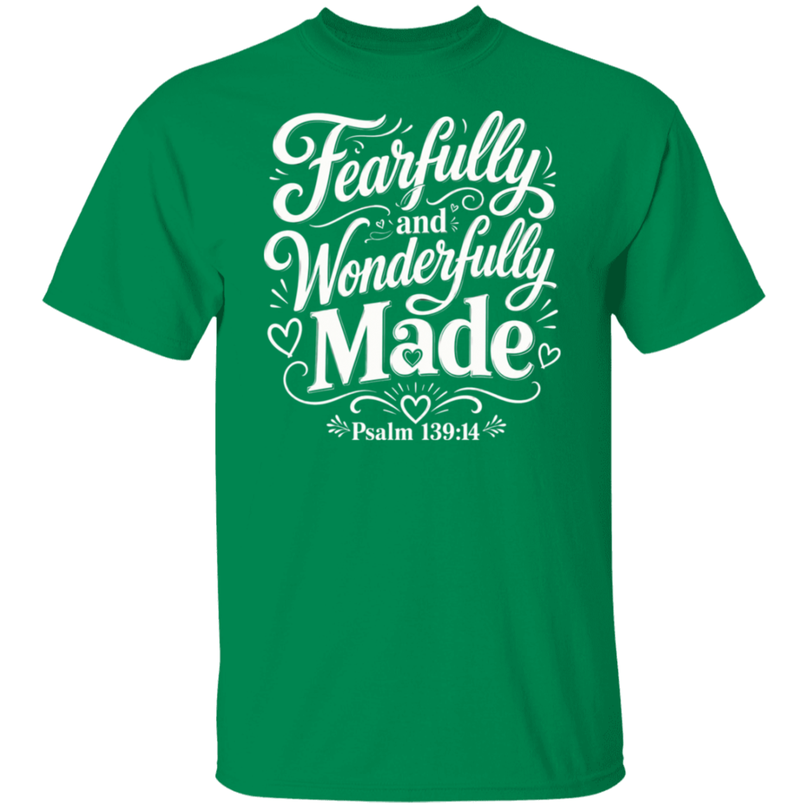 A turf green color short-sleeve crewneck t-shirt with a white graphic text print reading 'Fearfully and Wonderfully Made Psalm 139:14' on the front, shown against a plain white background.