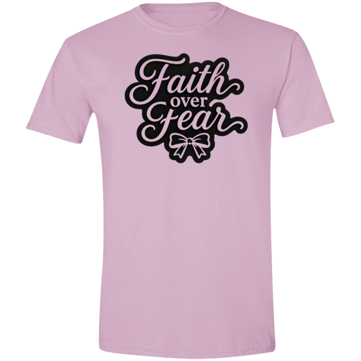 A light pink short-sleeve crewneck t-shirt featuring a black graphic on the chest that reads 'Faith over Fear' in a stylized cursive font with a bow illustration underneath.