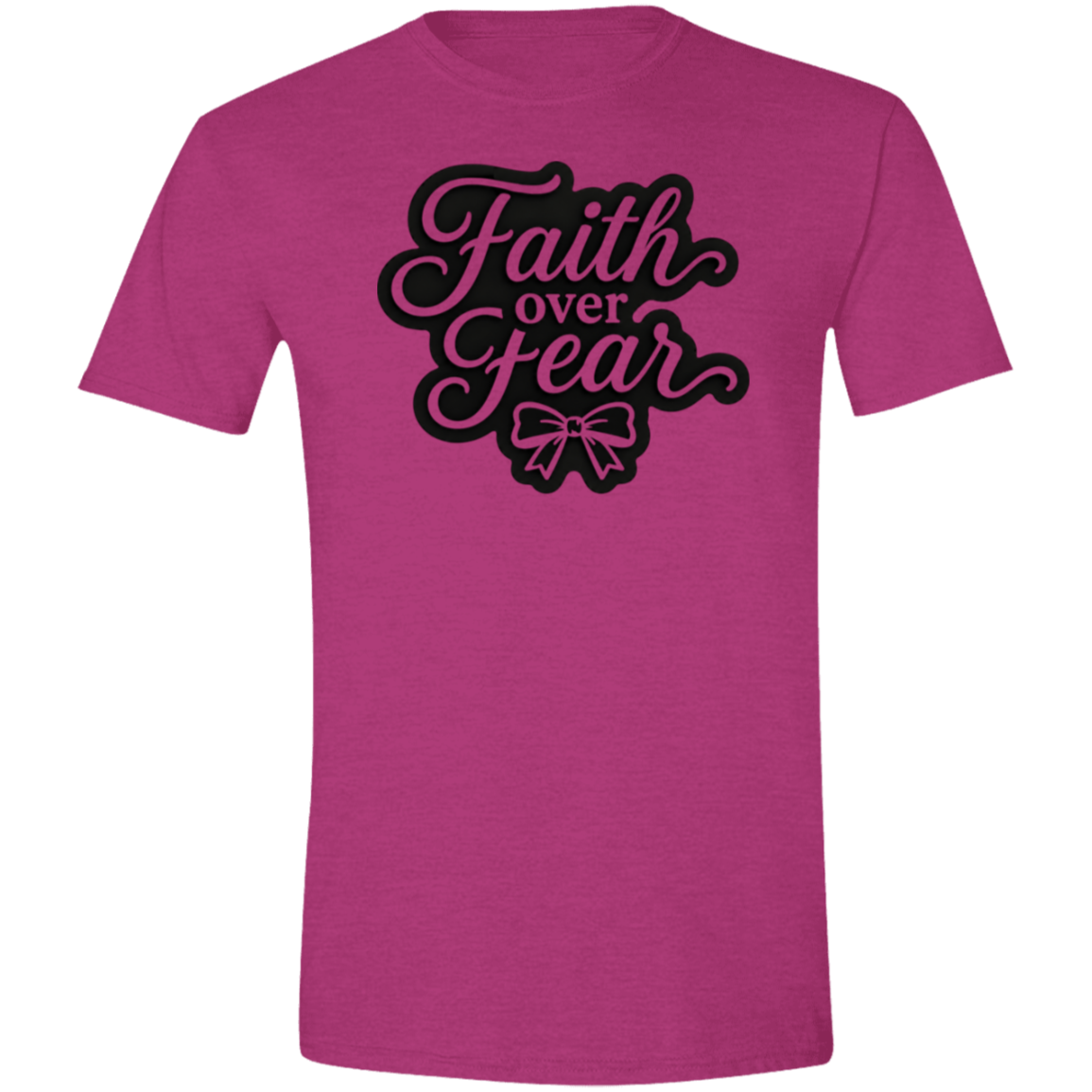 An antique heliconia color short-sleeve t-shirt with a black graphic on the chest reading 'Faith over Fear' in a cursive font with a bow illustration underneath, shown on a plain white background.