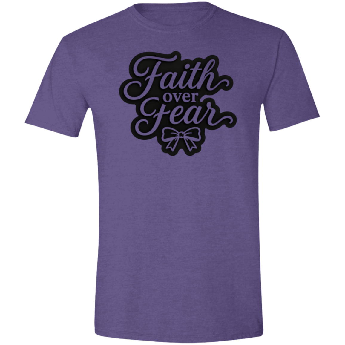 A heather purple short-sleeve t-shirt with a black graphic on the chest reading 'Faith over Fear' in a cursive font with a bow illustration underneath, shown on a plain white background.