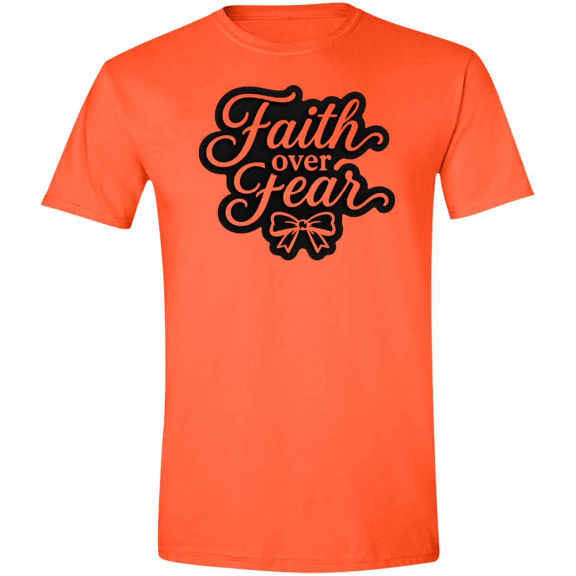 An orange color short-sleeve crewneck t-shirt featuring a black graphic on the chest that reads 'Faith over Fear' in a stylized cursive font with a bow illustration underneath.