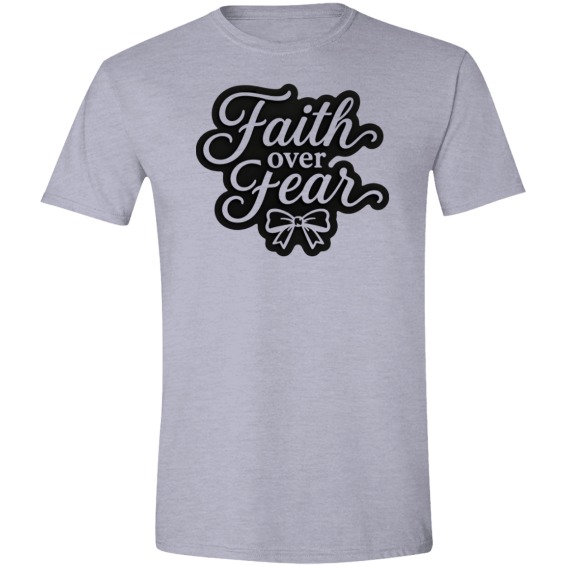 A sport grey color short-sleeve crewneck t-shirt featuring a black graphic on the chest that reads 'Faith over Fear' in a stylized cursive font with a bow illustration underneath.