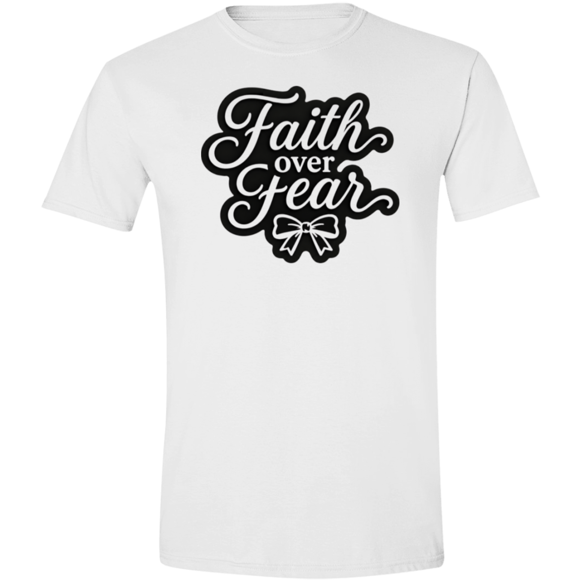 White t-shirt with a black icon on a white background faith over fear 