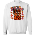 A white crewneck sweatshirt featuring a colorful graphic of a small dog wearing an orange plaid bow and polka-dot sweater, surrounded by autumn leaves, with the text 'Fall Vibes' in orange and pink.