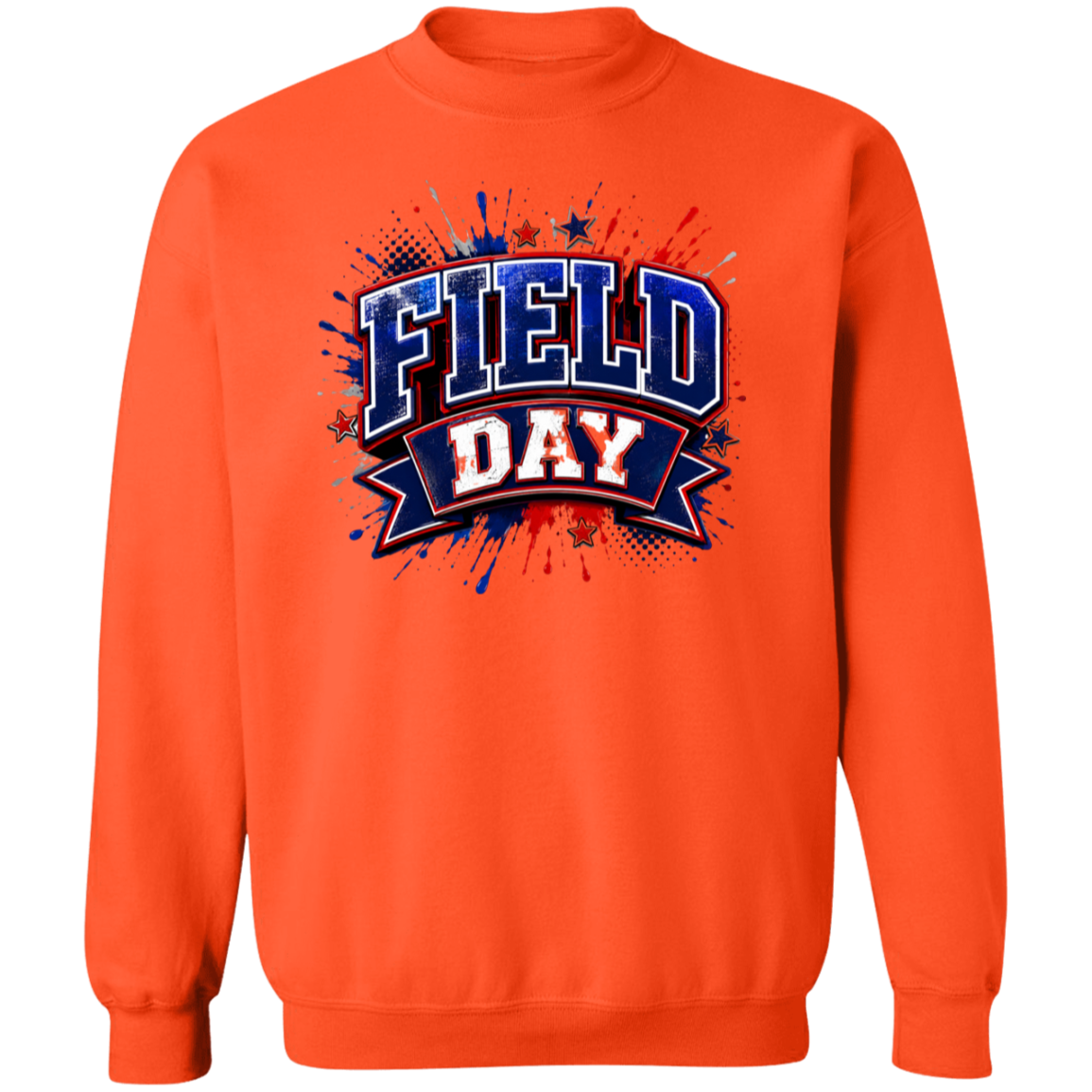 An orange crewneck sweatshirt featuring a 'FIELD DAY' graphic on the chest in blue, red, and white with a patriotic paint splatter design.
