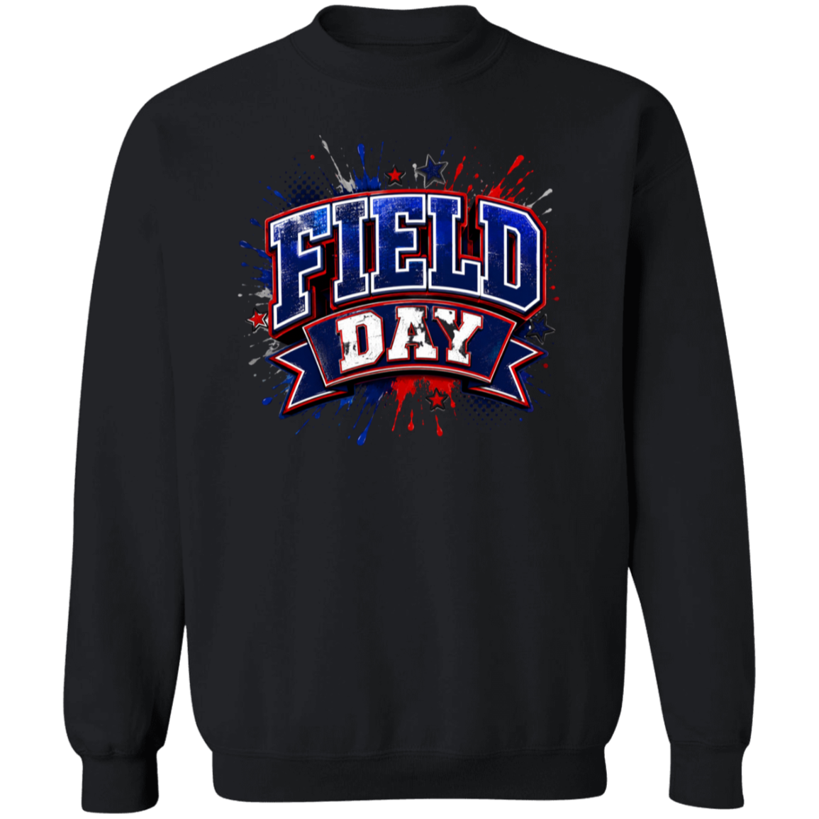 A black crewneck sweatshirt featuring a 'FIELD DAY' graphic on the chest in red, white, and blue with a paint splatter background.