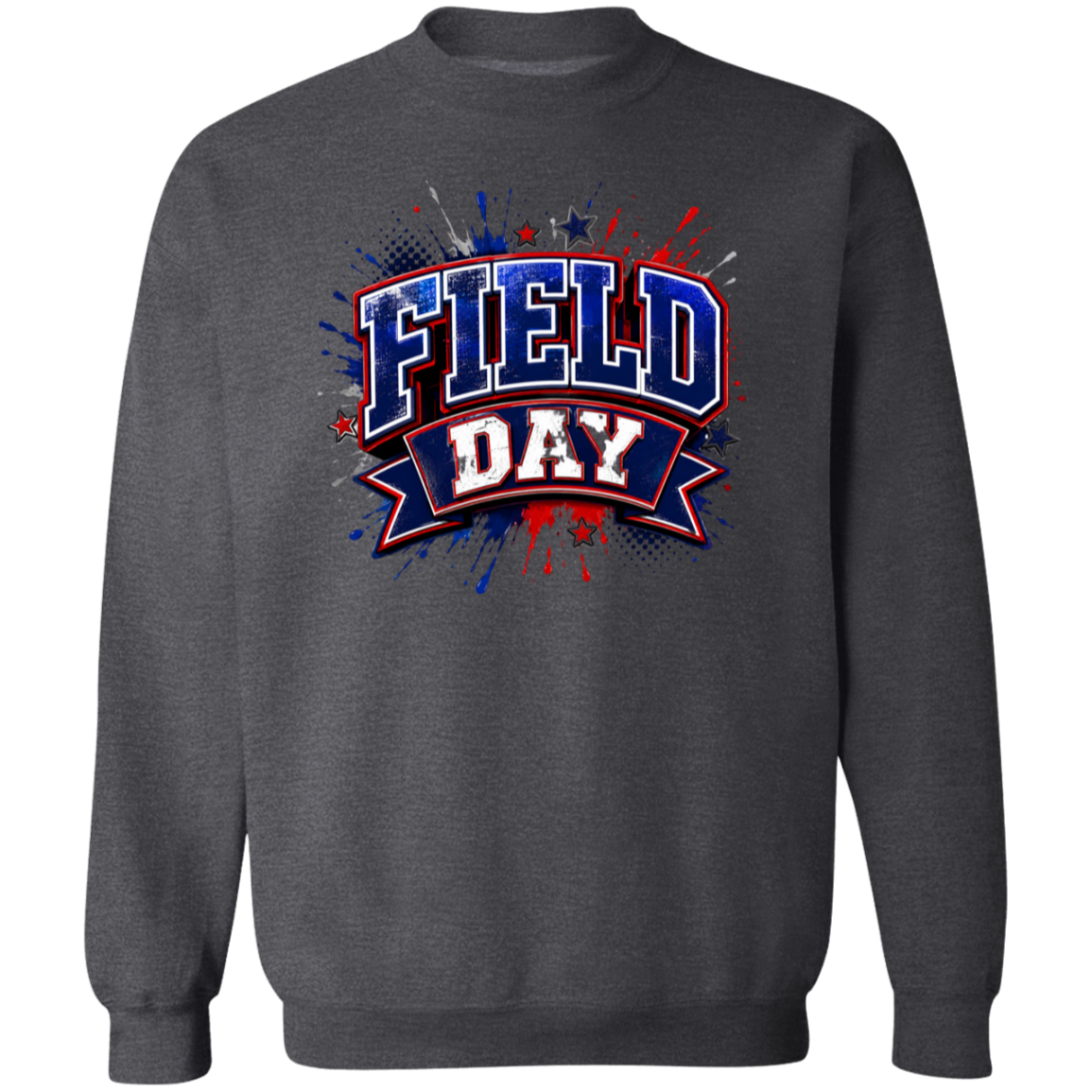 A dark heather color crewneck sweatshirt featuring a patriotic 'FIELD DAY' graphic on the chest in red, white, and blue with a starburst background.