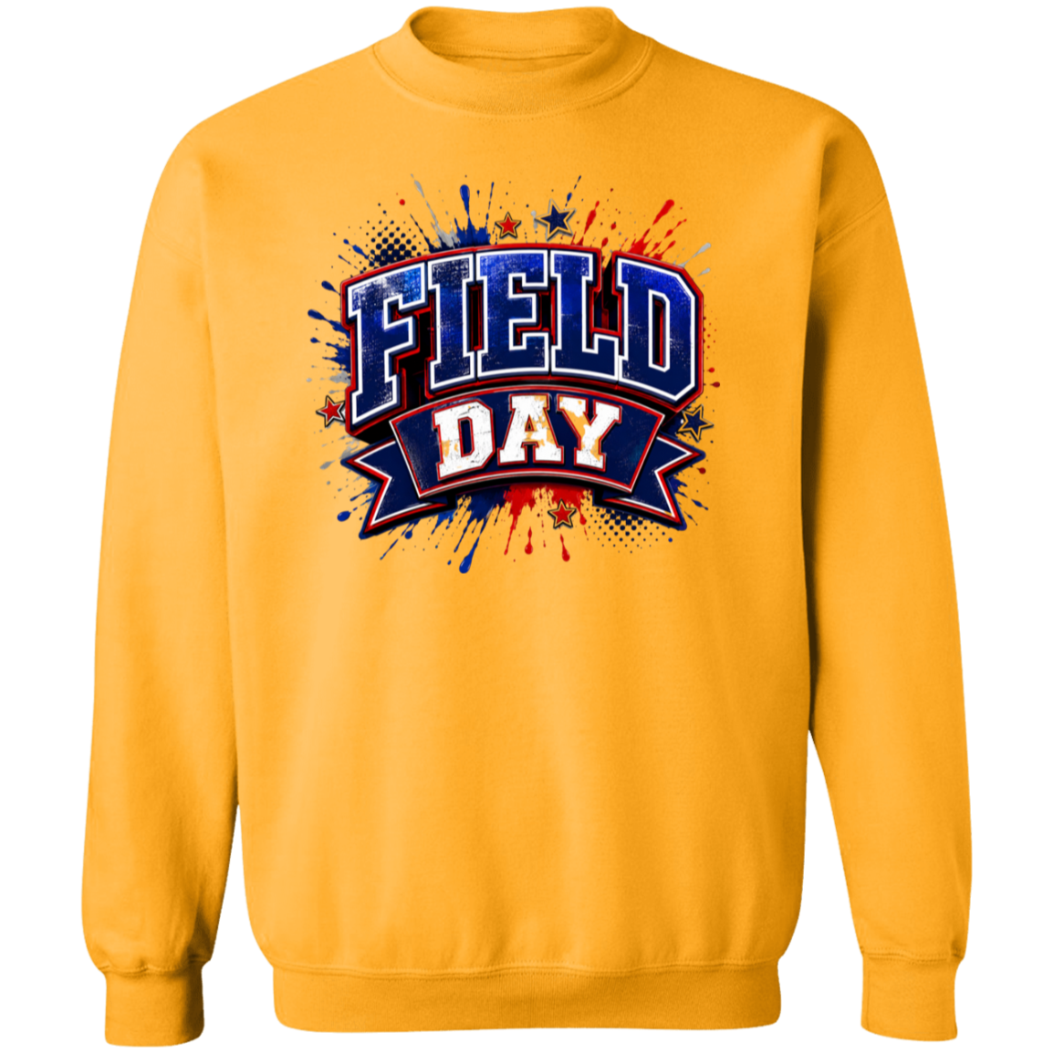A gold crewneck sweatshirt featuring a 'FIELD DAY' graphic on the chest with a patriotic red, white, and blue paint splatter design.