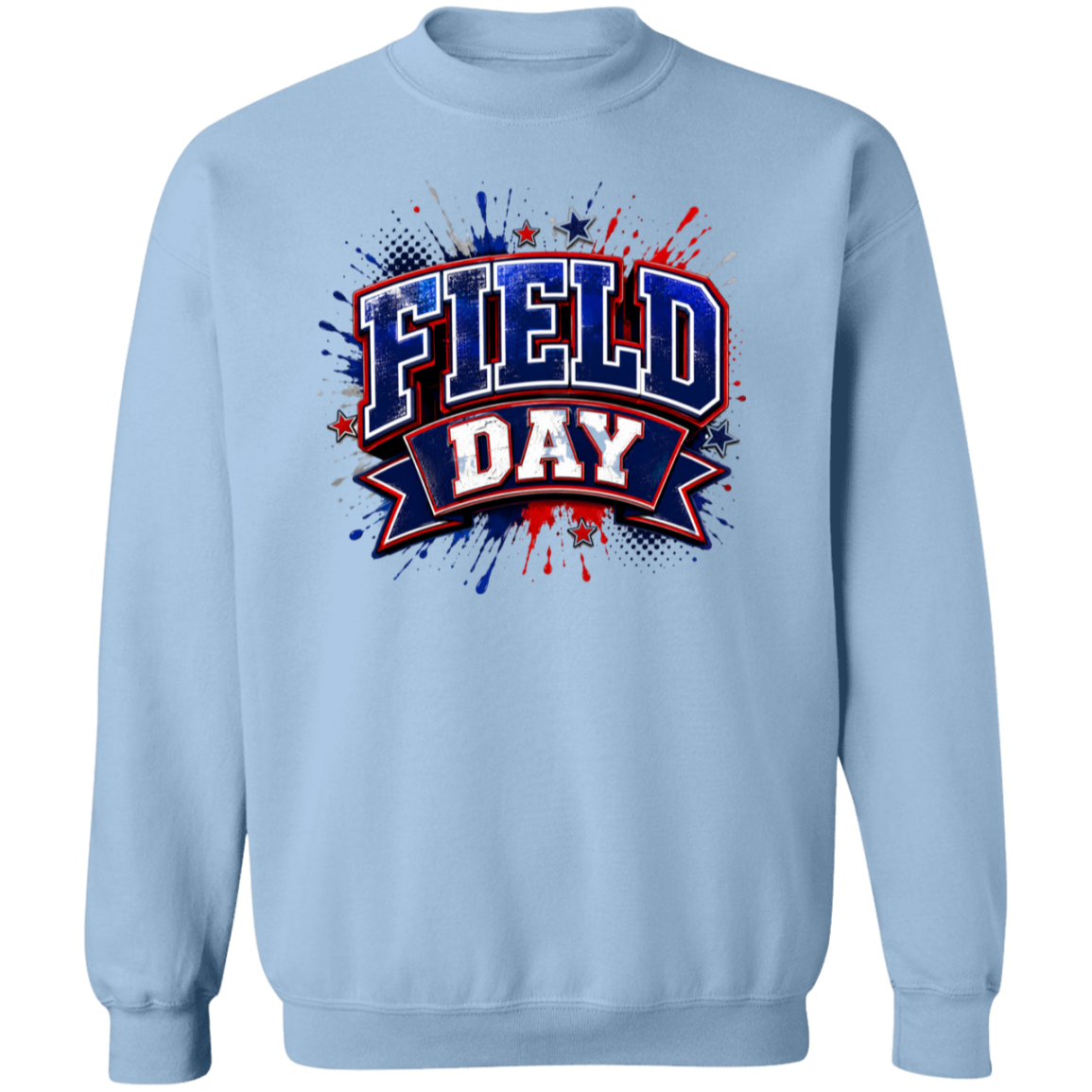 A light blue crewneck sweatshirt featuring a 'FIELD DAY' graphic on the chest in red, white, and blue with a paint splatter design.
