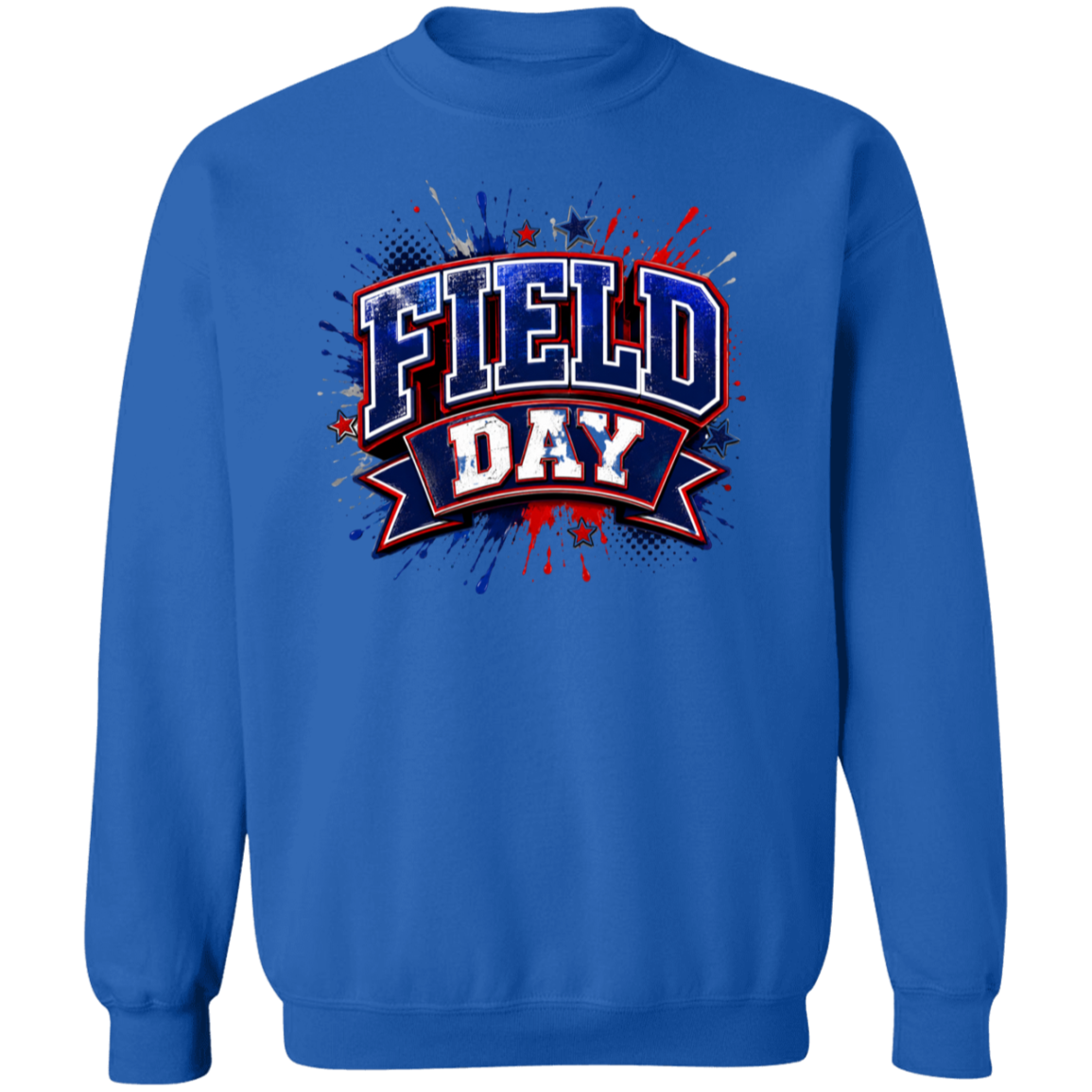 A royal blue crewneck sweatshirt featuring a 'FIELD DAY' graphic on the chest in red, white, and blue with patriotic paint splatter details.