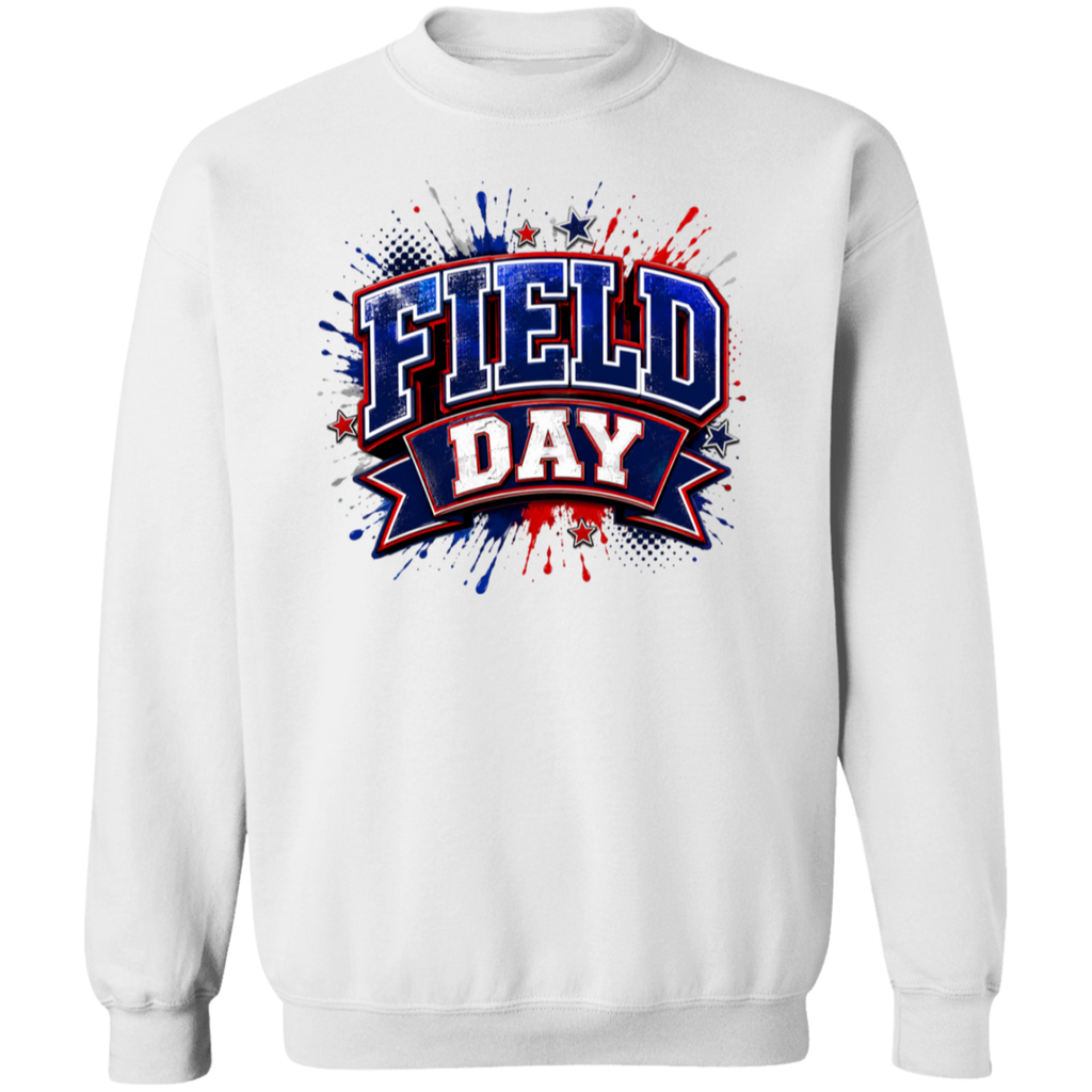 A white crewneck sweatshirt featuring a 'FIELD DAY' graphic on the chest in red, white, and blue with a patriotic paint splatter design.